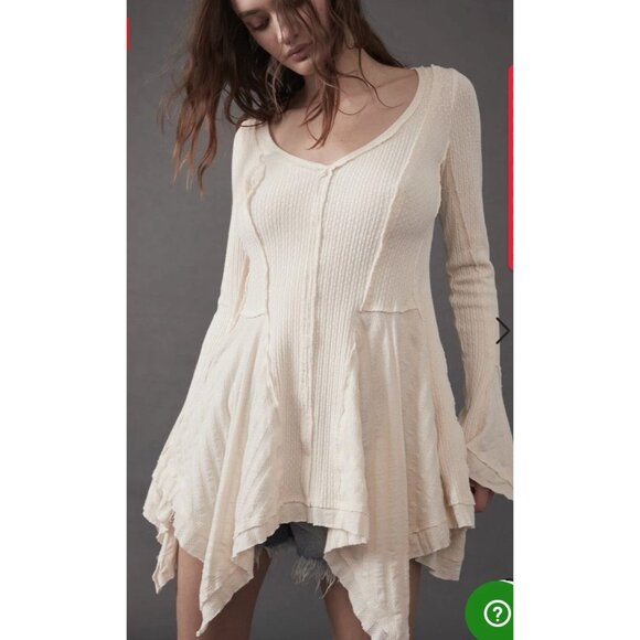 Free People Primrose Ivory Thermal Top S Asymmetrical Ruffle Hem Fairy Boho - Picture 2 of 8